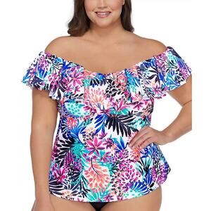 Island Escape White La Flor Underwire Tankini Top Plus Size 24W New Off Shoulder